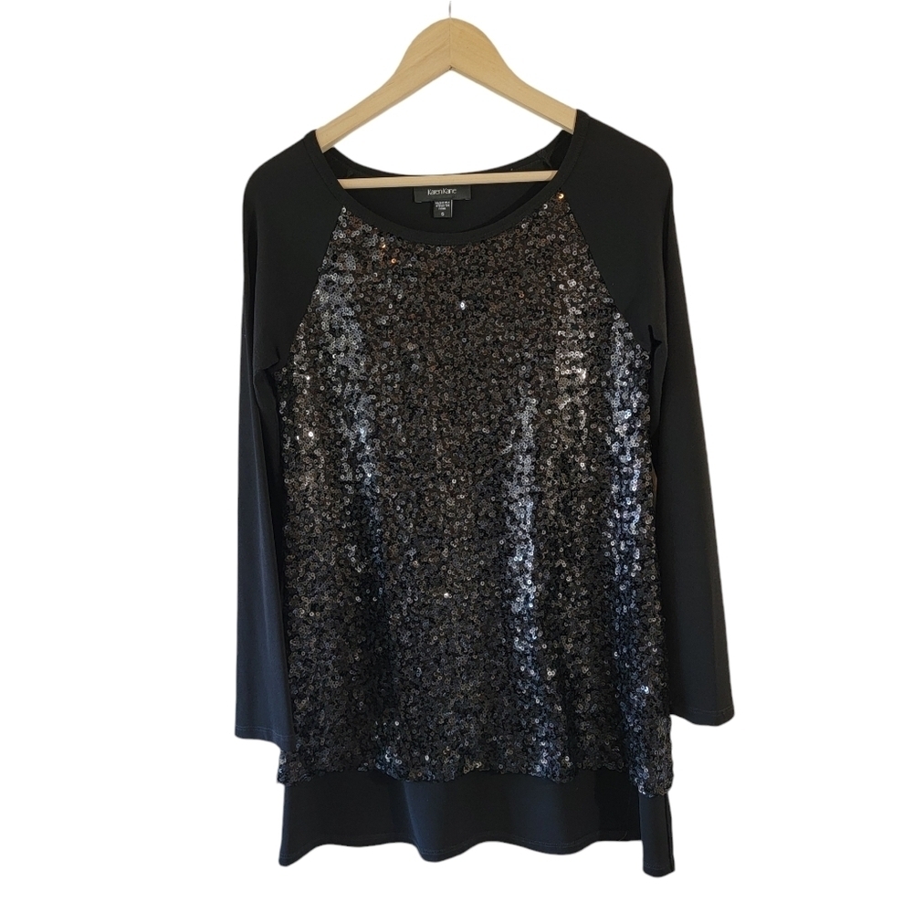 Karen Kane Black Sequin Long Sleeve High-Low Crewneck Formal Top S Minimalist